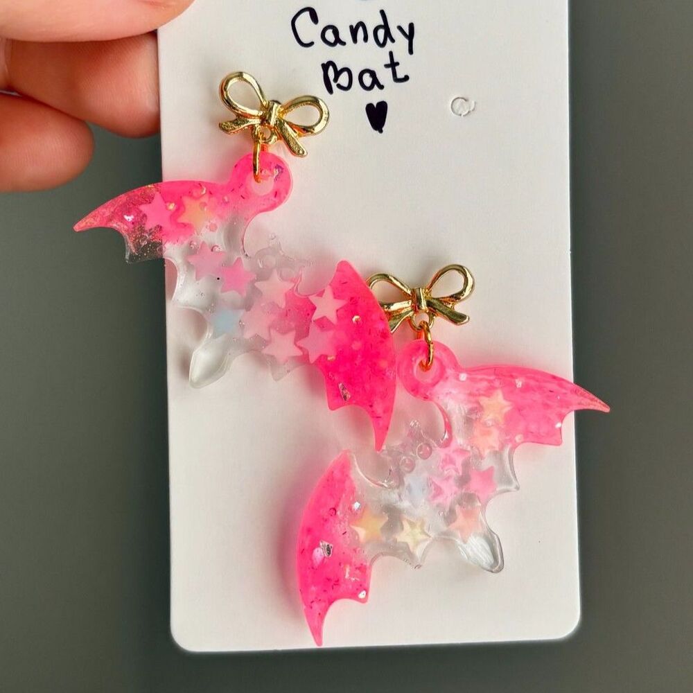 Glow in the Dark Bat Earrings Stars Handmade Resin Cute Spooky Halloween Jewelry